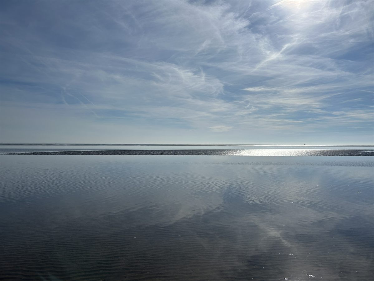 Stilles, spiegelglattes Watt in Grau und Blau