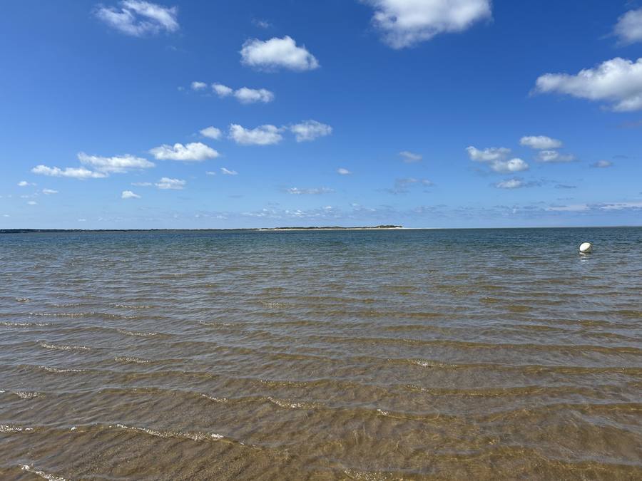 Klares, flaches Nordseewasser unter blauem Himmel